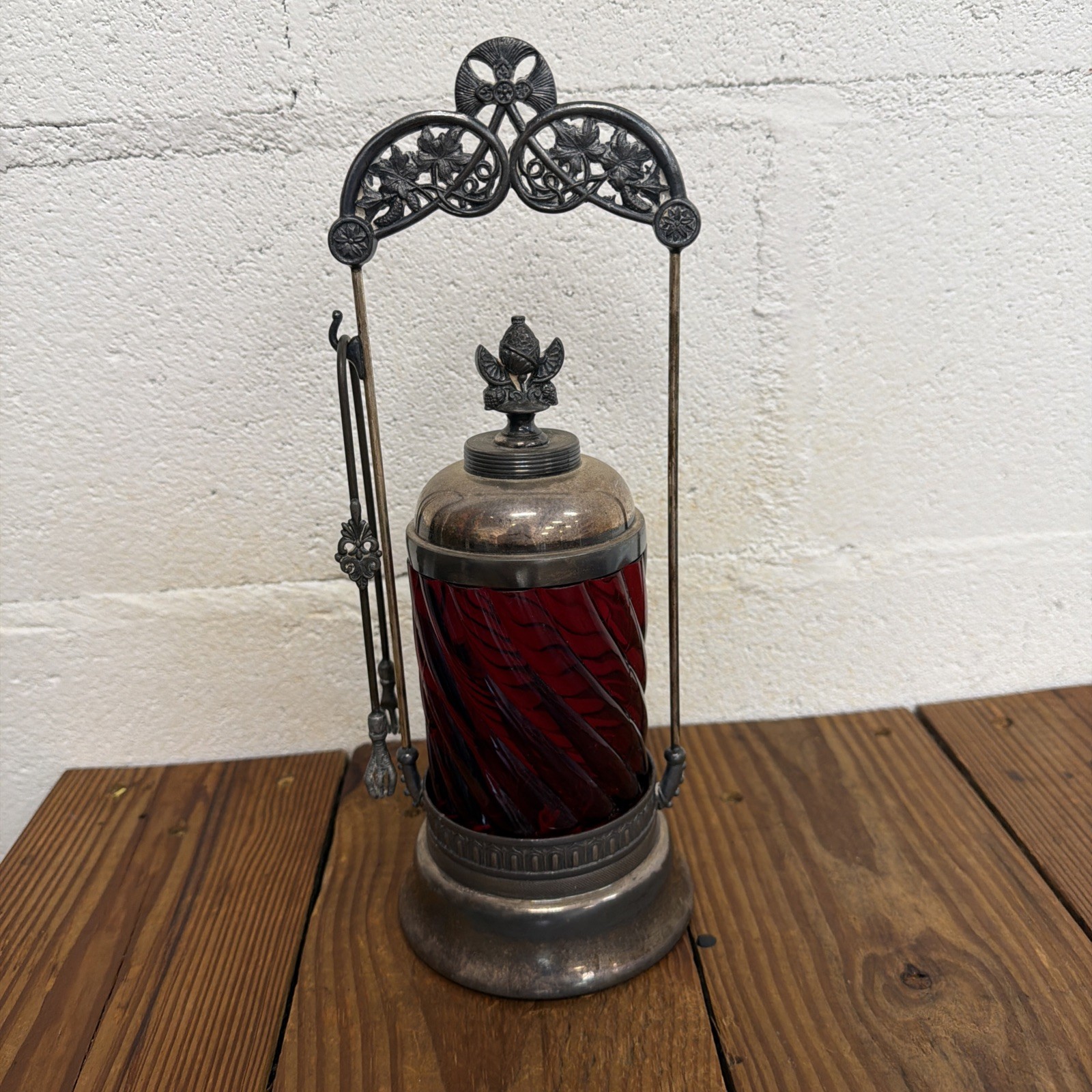 Gorgeous Victorian Cranberry Glass Silver Plate Castor with thongs