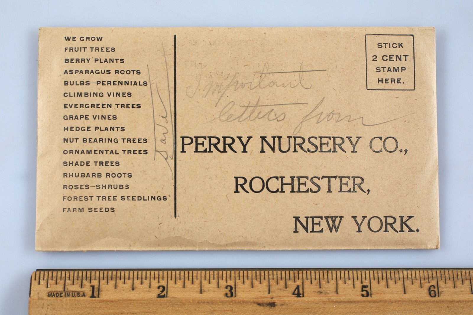 1910s Unopened Envelope Perry Nursery Co. Rochester New York Salesman Paper