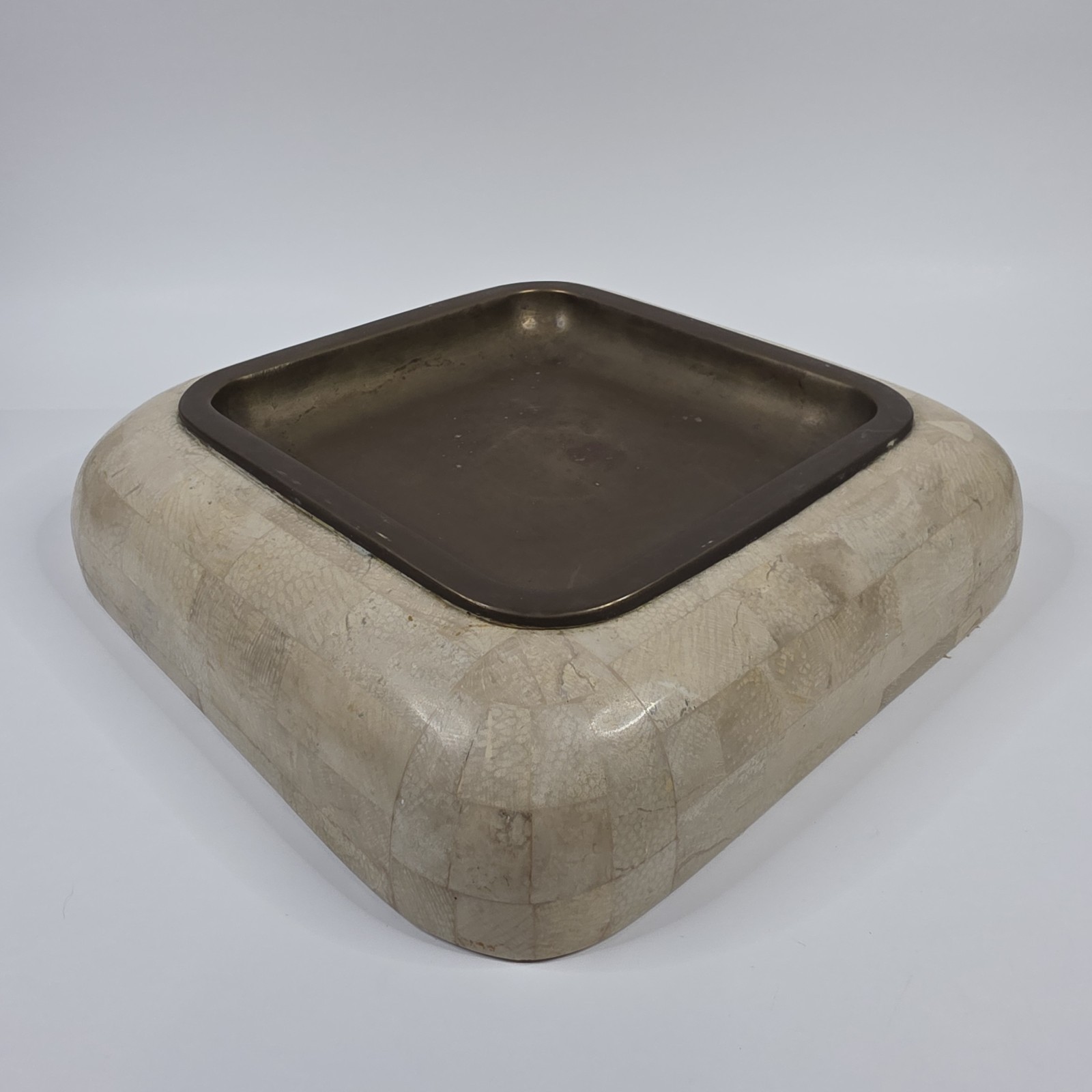 Vintage Hollywood Regency tessellated stone bone and brass catchall ashtray