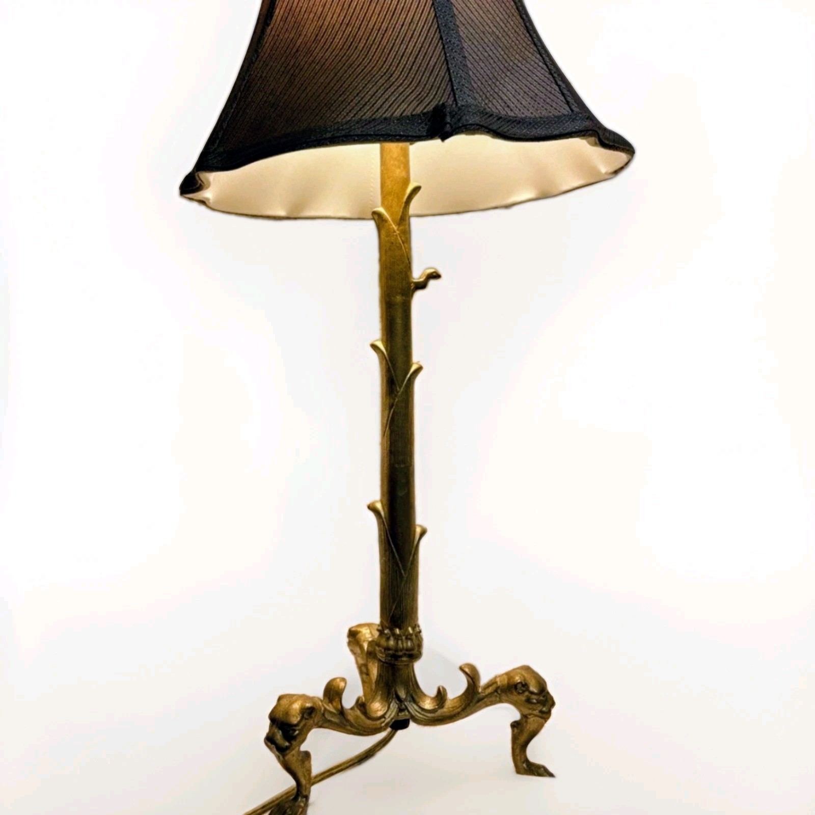 Antique Victorian Converted Brass Andiron Candlestick Lamp Claw Foot Lion Head