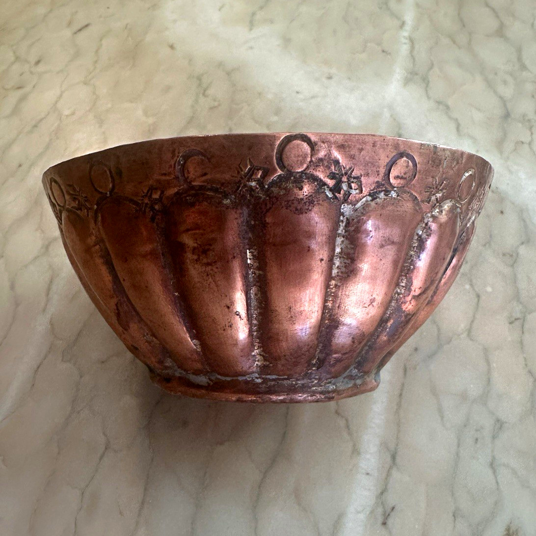 Vintage Tin Lined Copper Fluted Bowl Approx. 4 in Diameter, “Egypt” engraved
