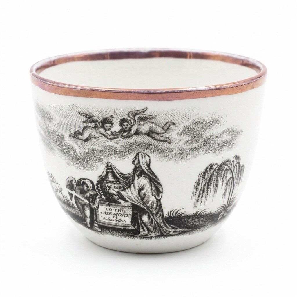 Antique Staffordshire Pink Lustreware Mourning Teacup, Princess Charlotte, 1817