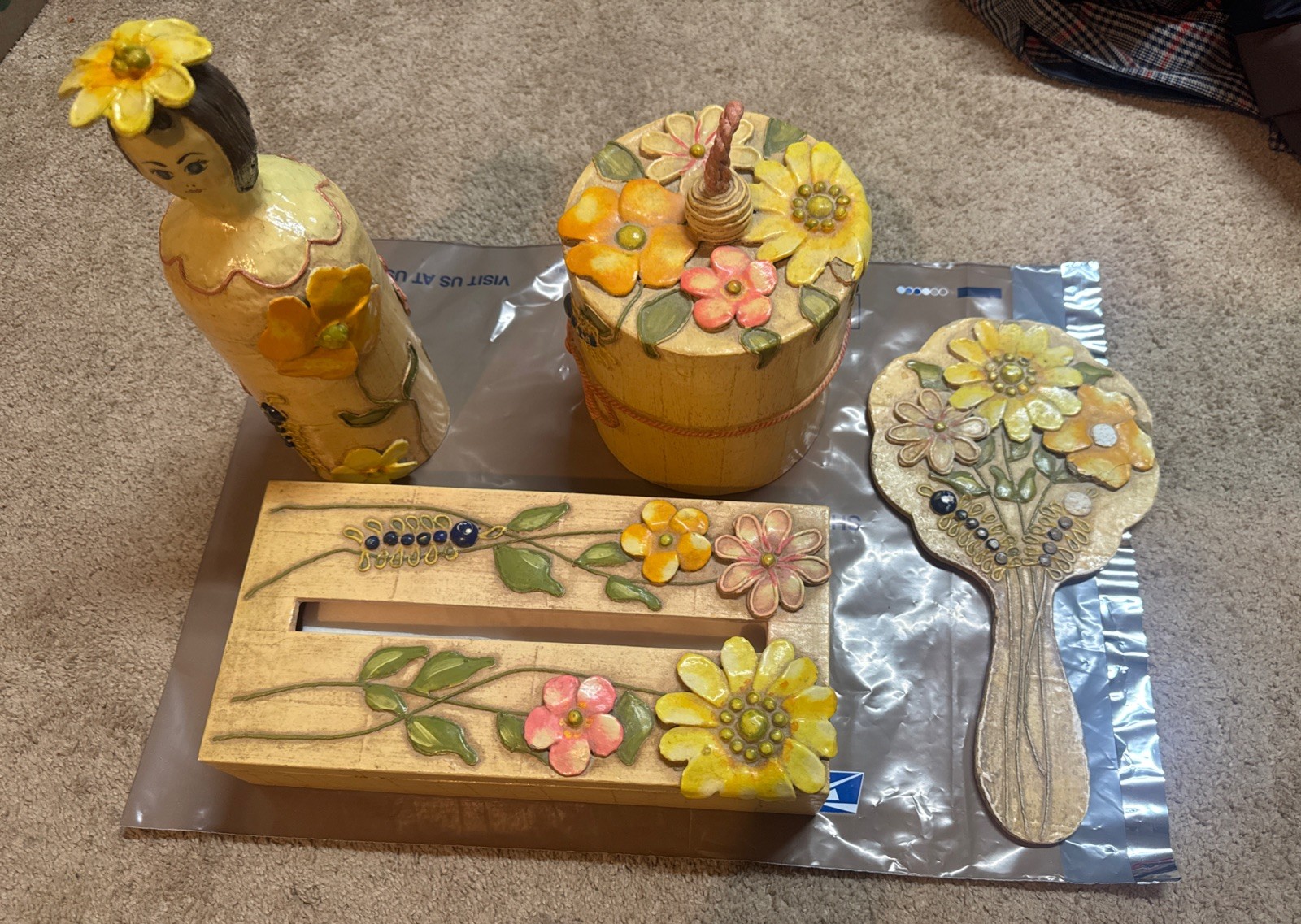 Vtg Jeanne Valentine Mexican Mod Papier Mache Hand Mirror, Tissue Box Set
