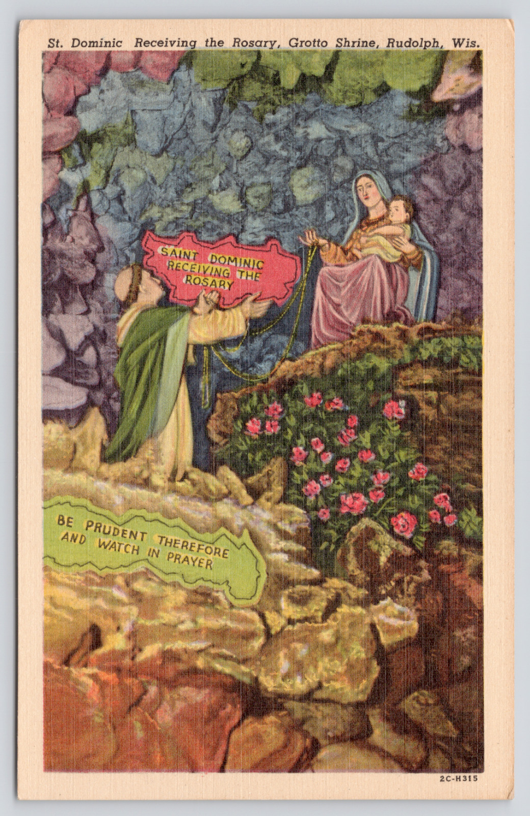 c1935 St Philomena\'s Church St Dominic Grotto Shrine Rudolph WI Postcard Rosary