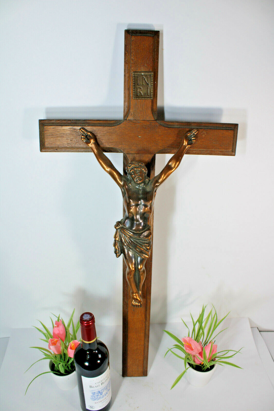 Antique  XL french wood carved cross metal copper christ religious 