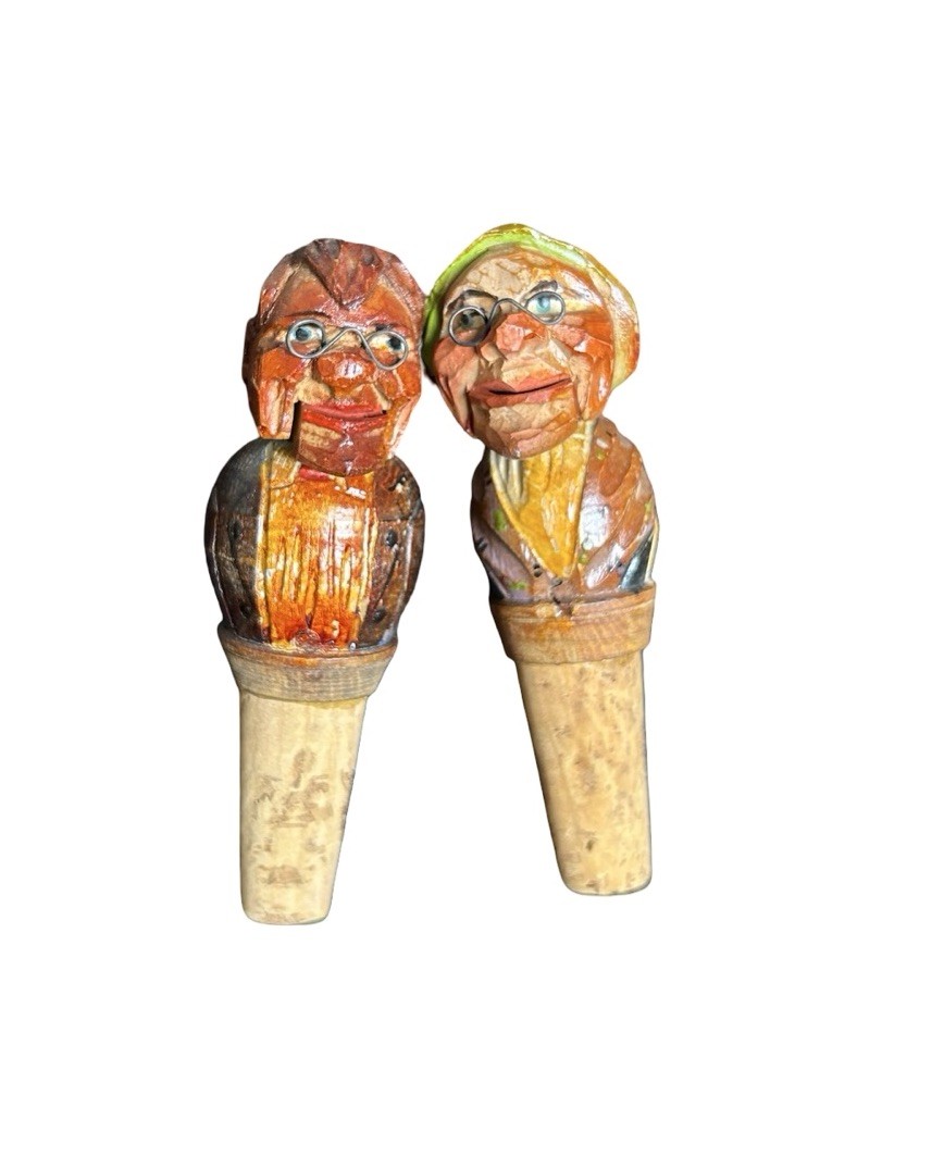 2 VTG Brevettato Anri Wood Hand Carved Mechanical Bottle Corks Old Couple Italy 2 VTG Brevettato Anri Wood Hand Carved Mechanical Bottle Corks Old Couple Italy