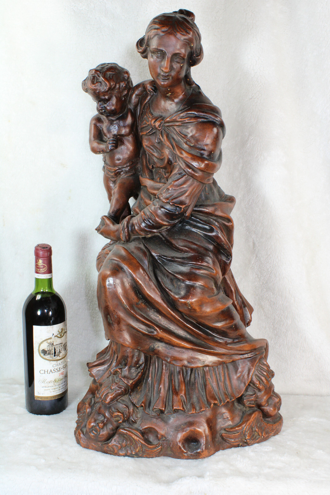XL Antique french chalkware statue madonna child angels base 