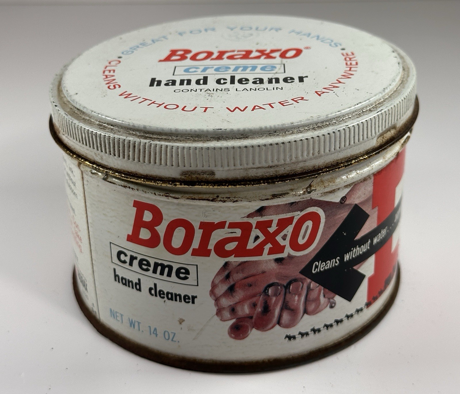 Vintage Boraxo Waterless Hand Cleaner Tin 14oz 20 Mule Team Advertising Garage