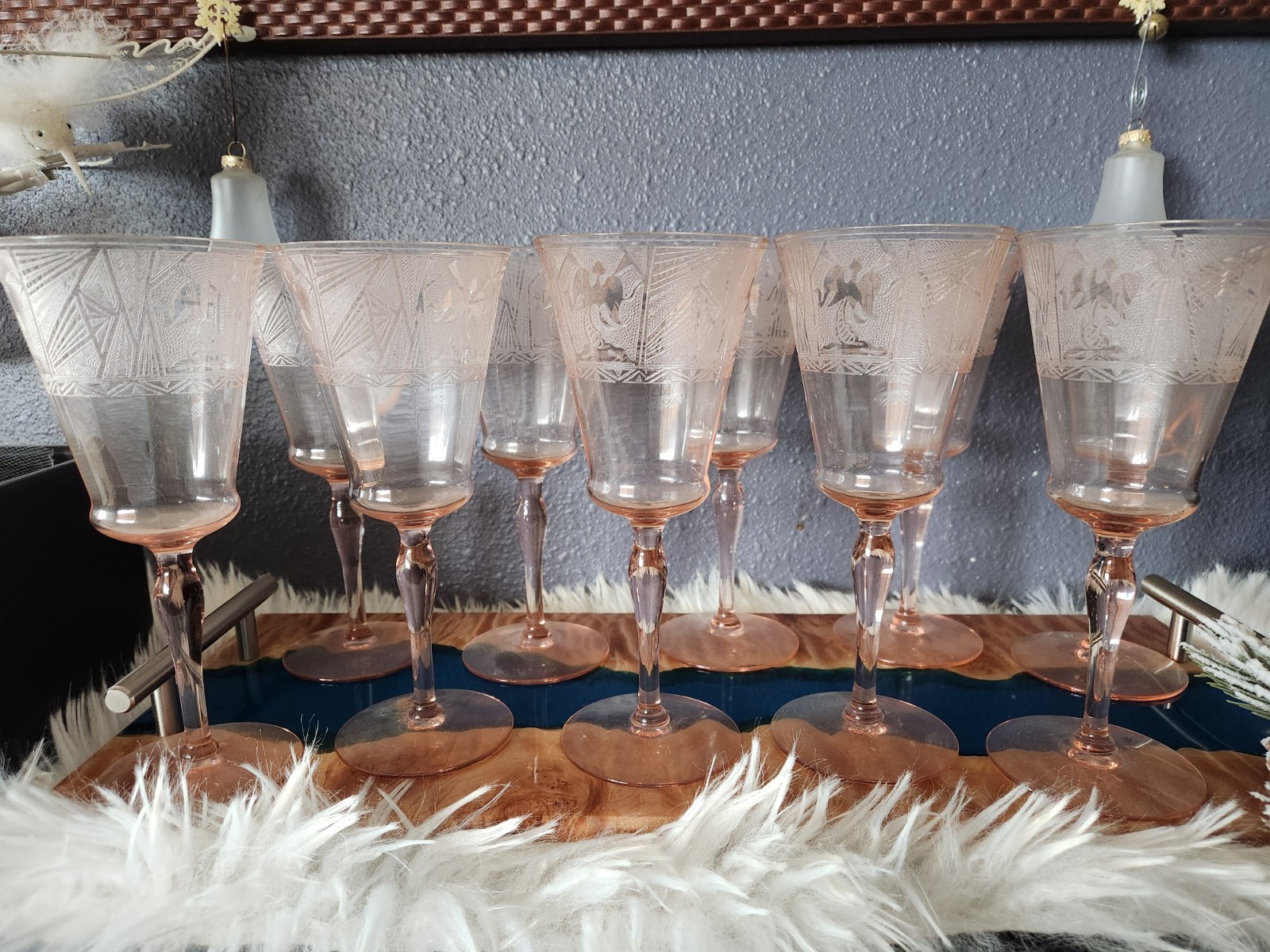 Rare Set 10 vintage Glastonbury  Lotus LA Furiste Pink Etched footed tumblers 
