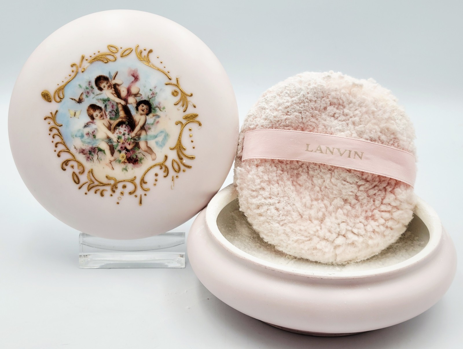 VTG 1950s-1960s Lanvin French Perfumed Dusting Powder Box with Puff Vanity Set