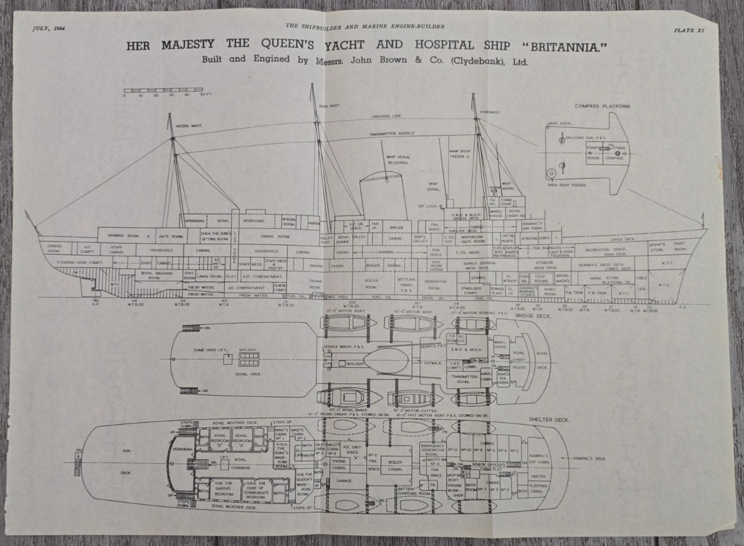 1954 Royal Yacht Britannia Shipbuilder Marine Engineer Deck Plan Plate XI 14\
