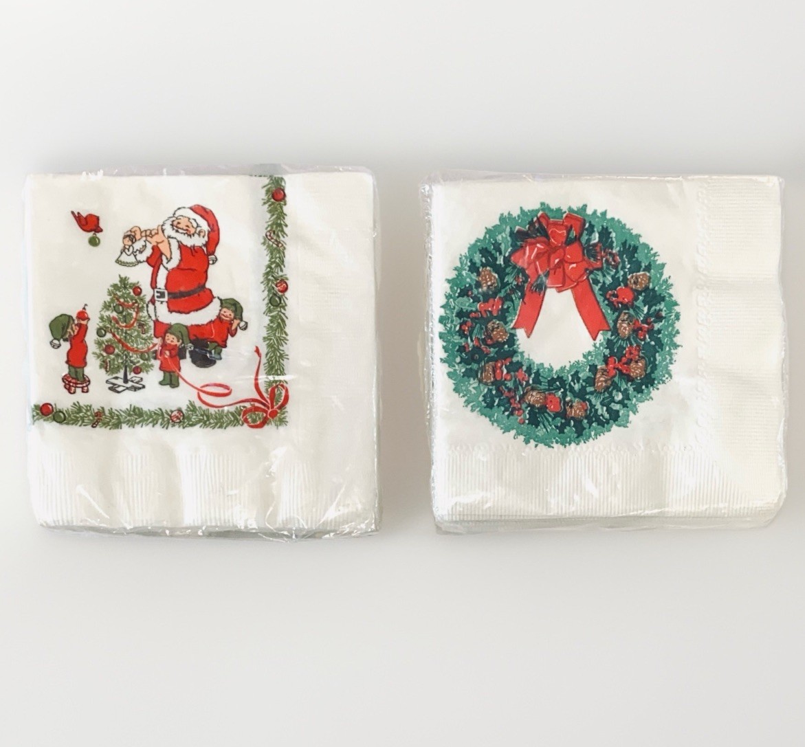 2 VTG Christmas Paper Napkins New Sealed Santa Elves Wreath C.A. Reed Ambassador