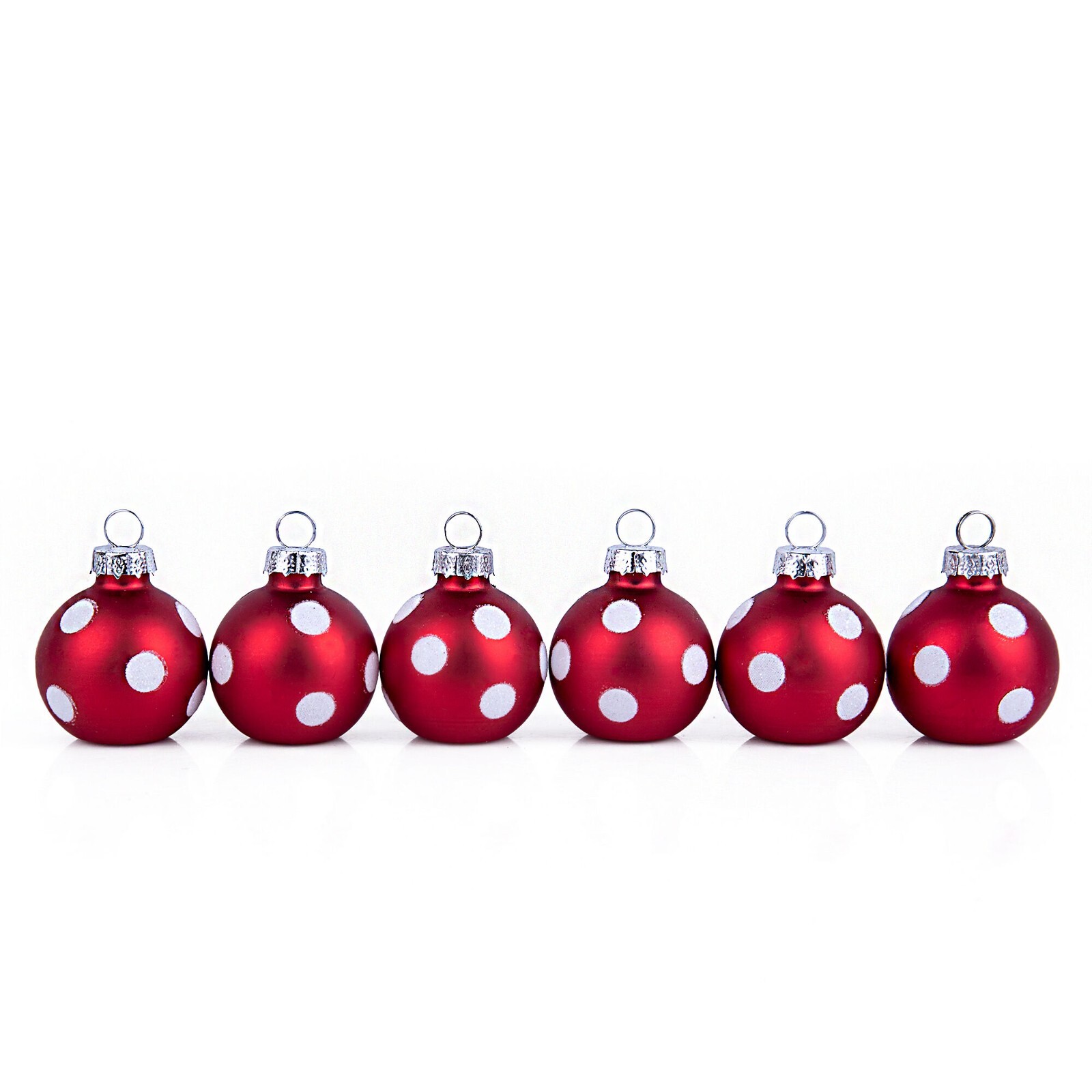 SET OF 6 Glass Christmas Ornaments Small Glass Bauble Ornaments, Red Polka Dot