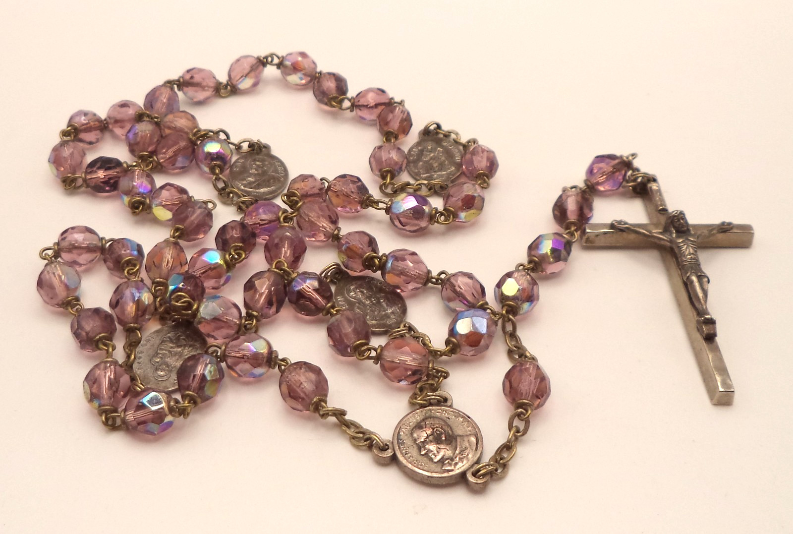 Vintage Italy Roma Rosary Amethyst Purple Aurora Borealis Glass 4 Basilicas 22