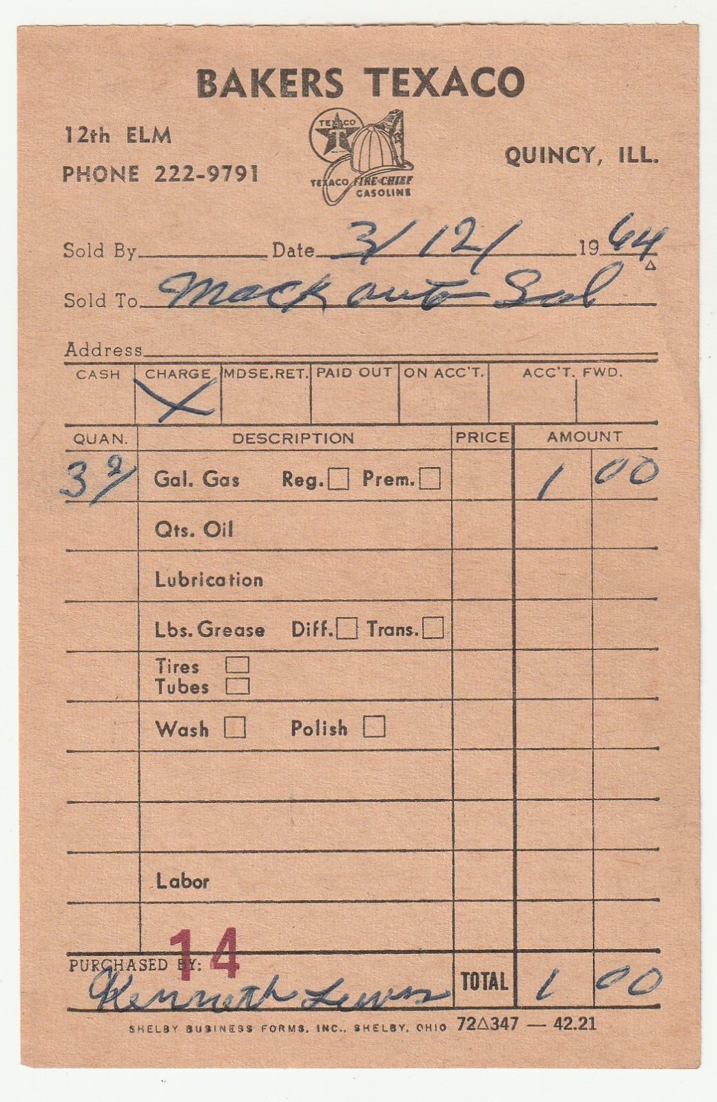 VINTAGE 1964 RECEIPT BILL - BAKER\'S TEXACO - QUINCY ILLINOIS - GAS - OIL