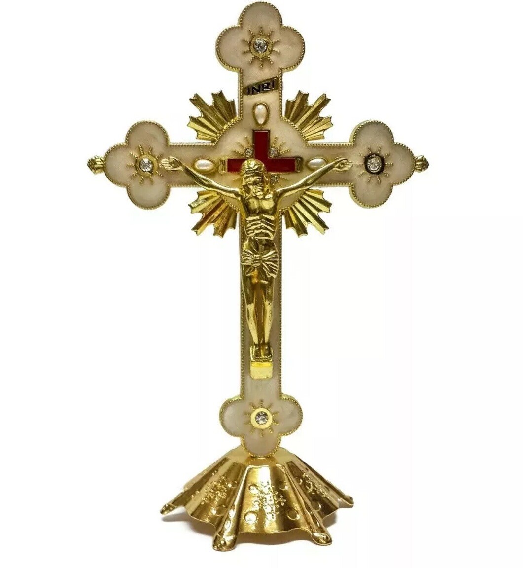  Beige & Gold Catholic Altar Standing Wall Jesus  Crucifix INRI Jerusalem 8.2\