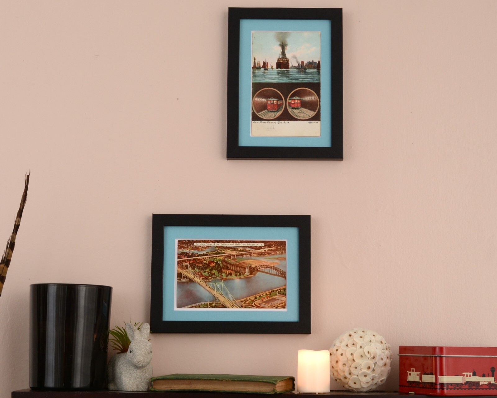 ANTQ Mixed Lot of 2 Framed Postcards Tunnel Triboro/Hell Gate Bridges NYC AirBNB