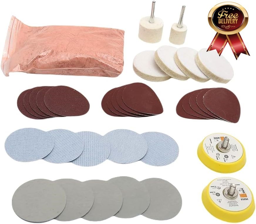 34 Piece Professional Glass Scratch Removal & Polishing Kit with Cerium Oxide C