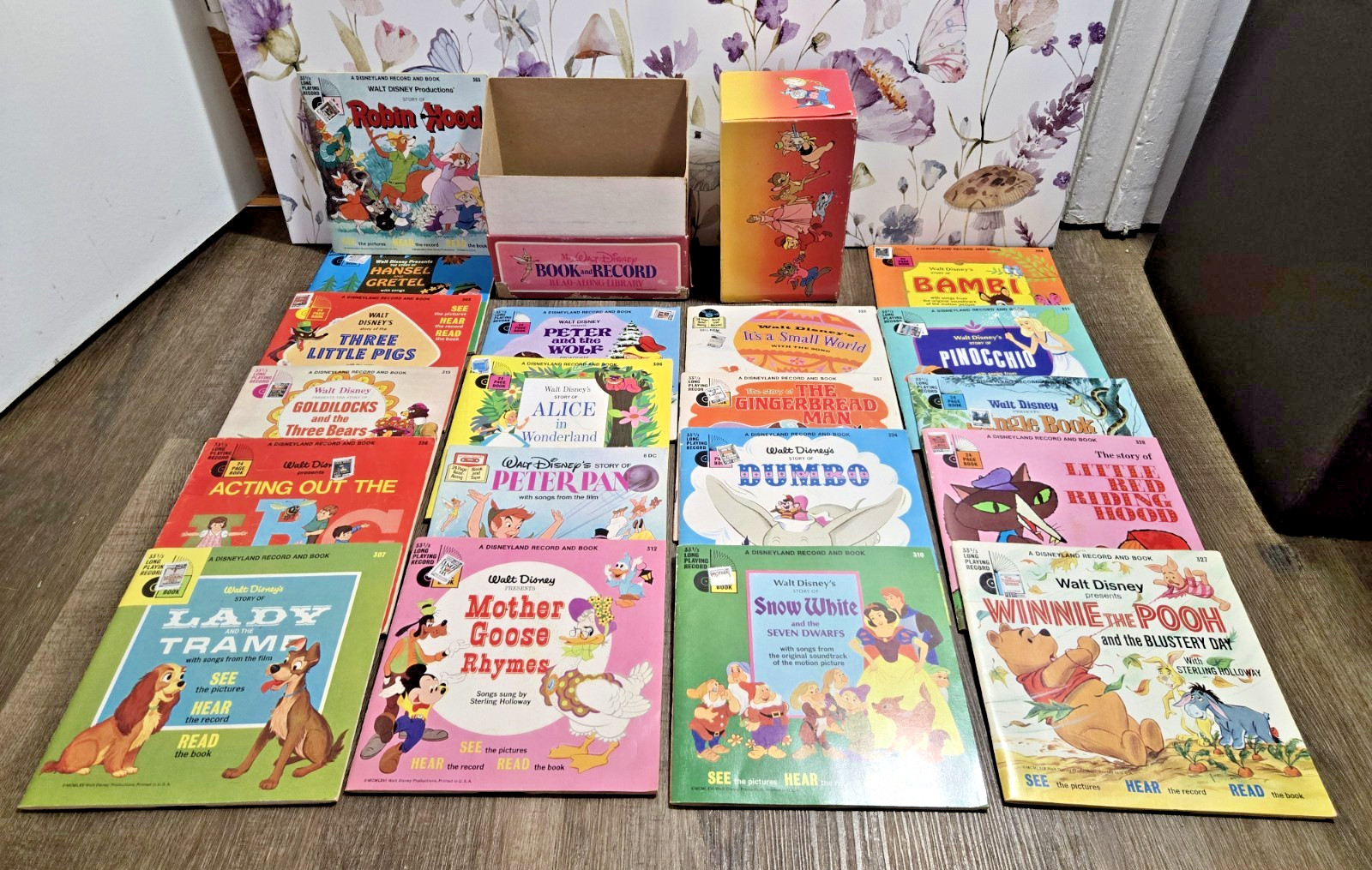 BIG LOT RARE Vintage Walt Disney Read Along Records - 19 Records & Books w/ Case