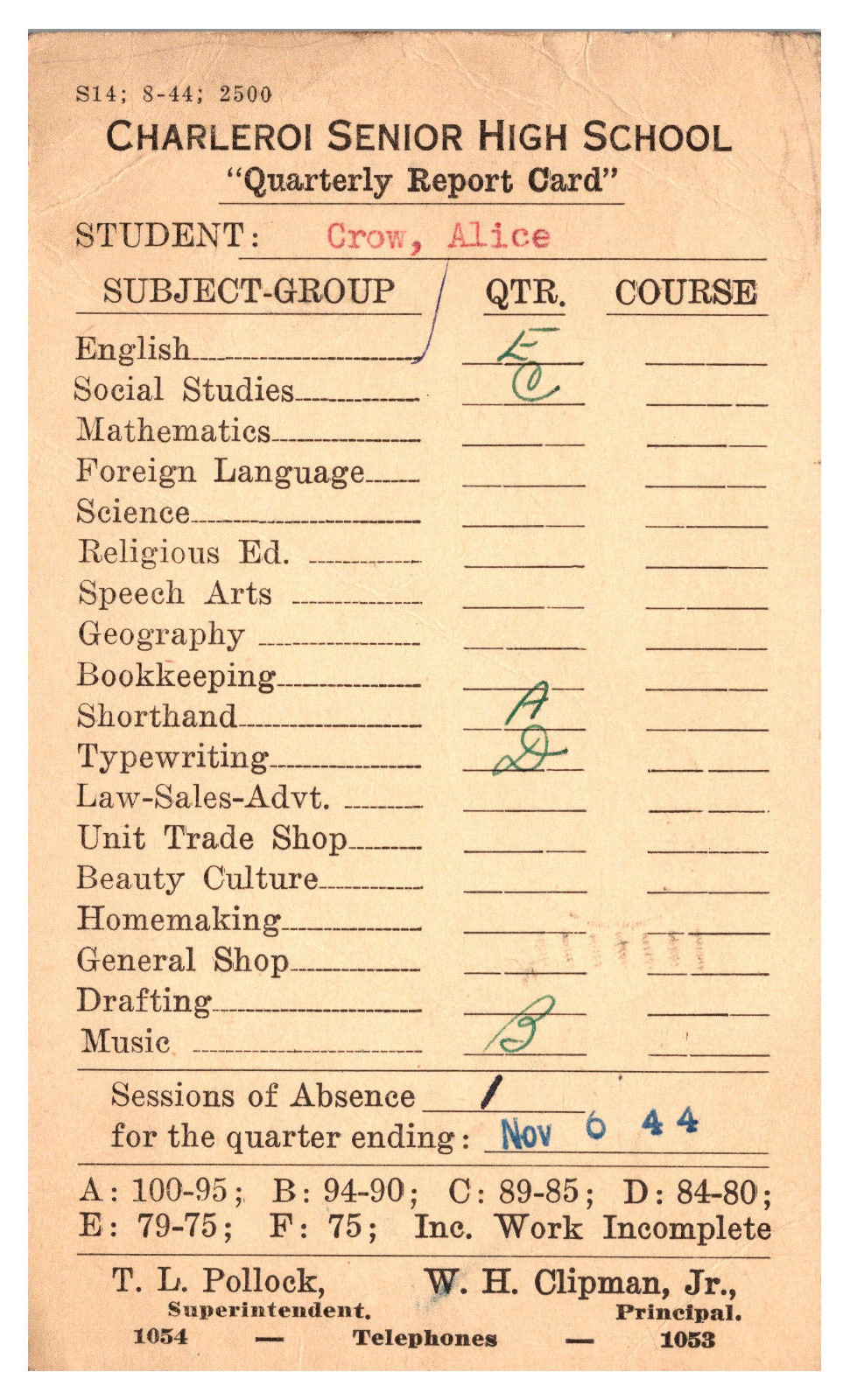 Charleroi, PA Charleroi Senior High School Report Card Quartely Crow -A67