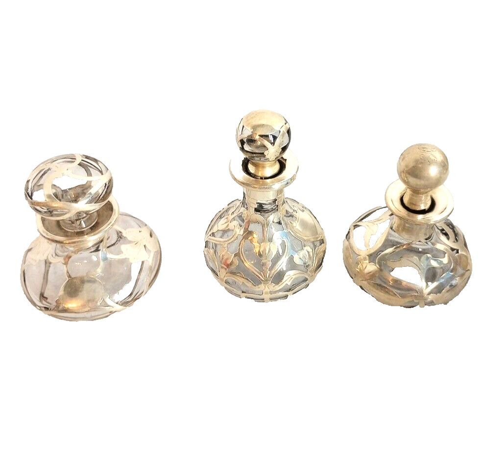 3 Antique Silver Overlay Glass Perfume Bottles 2 Gorham & 1 Unsigned Art Nouveau