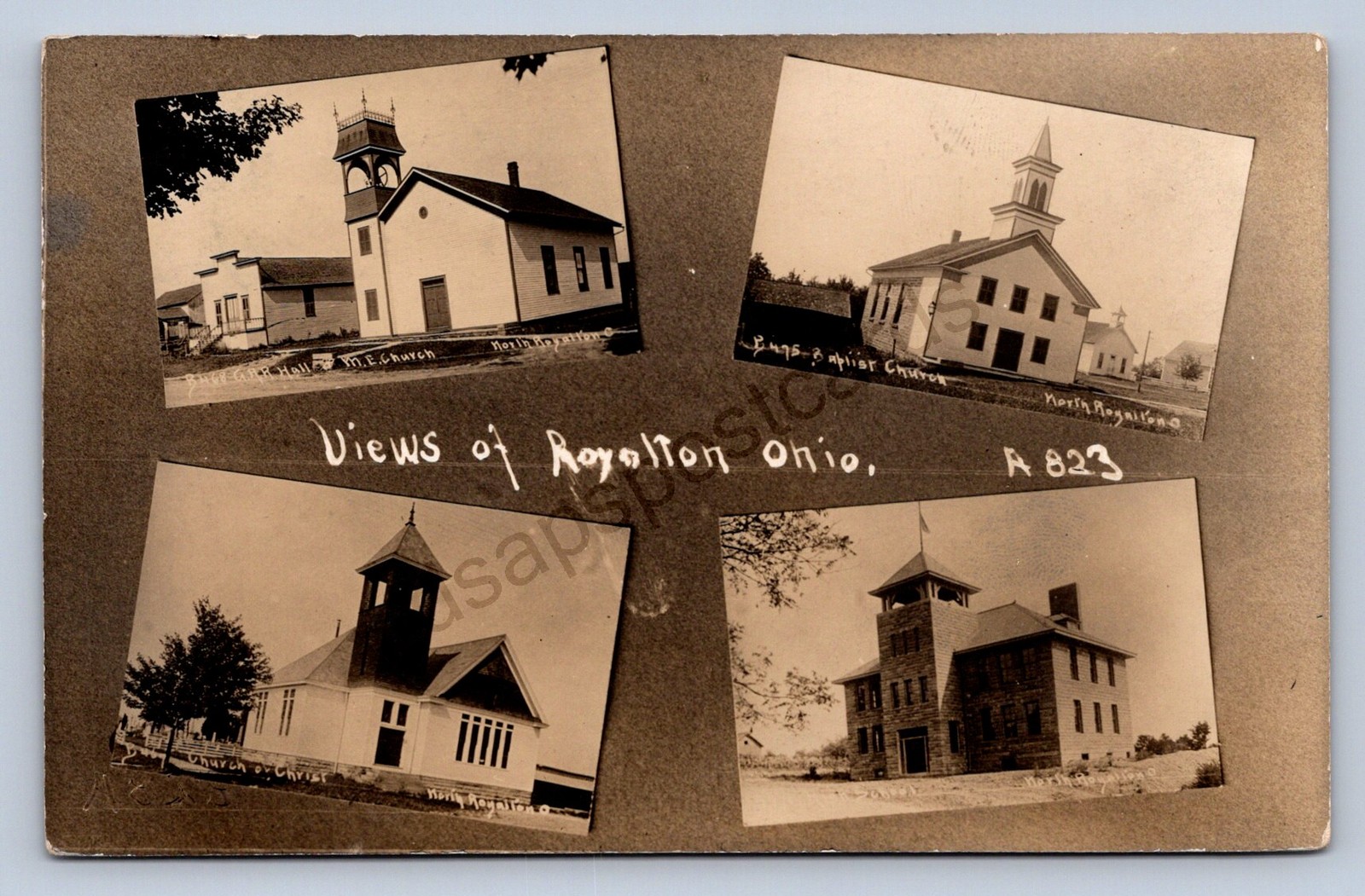 J87/ North Royalton Ohio RPPC Postcard c1910 Leiter 4View Church School 1932