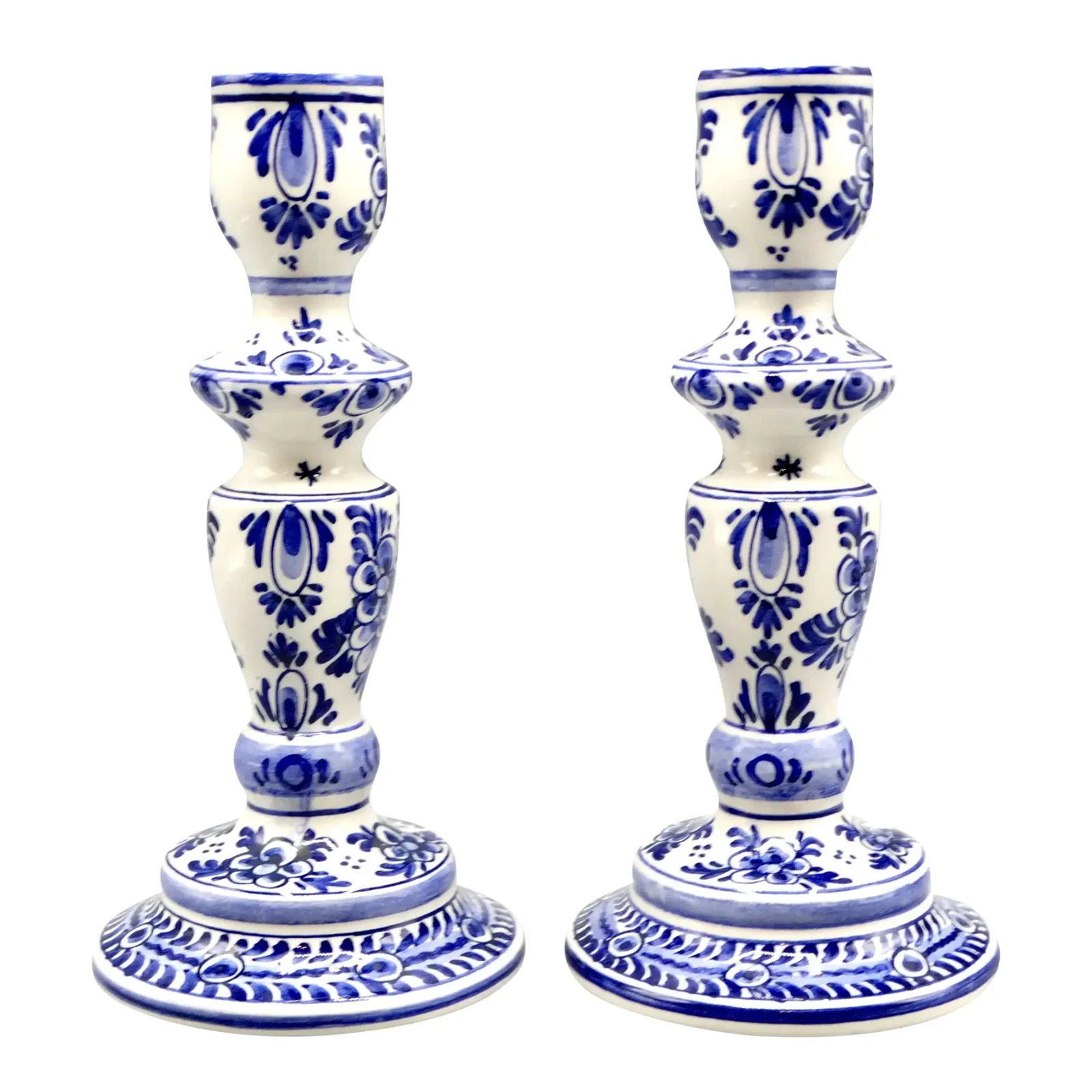 Vintage Blue & White Dutch Delft Faience Candle Holders Maker's Mark, Pair