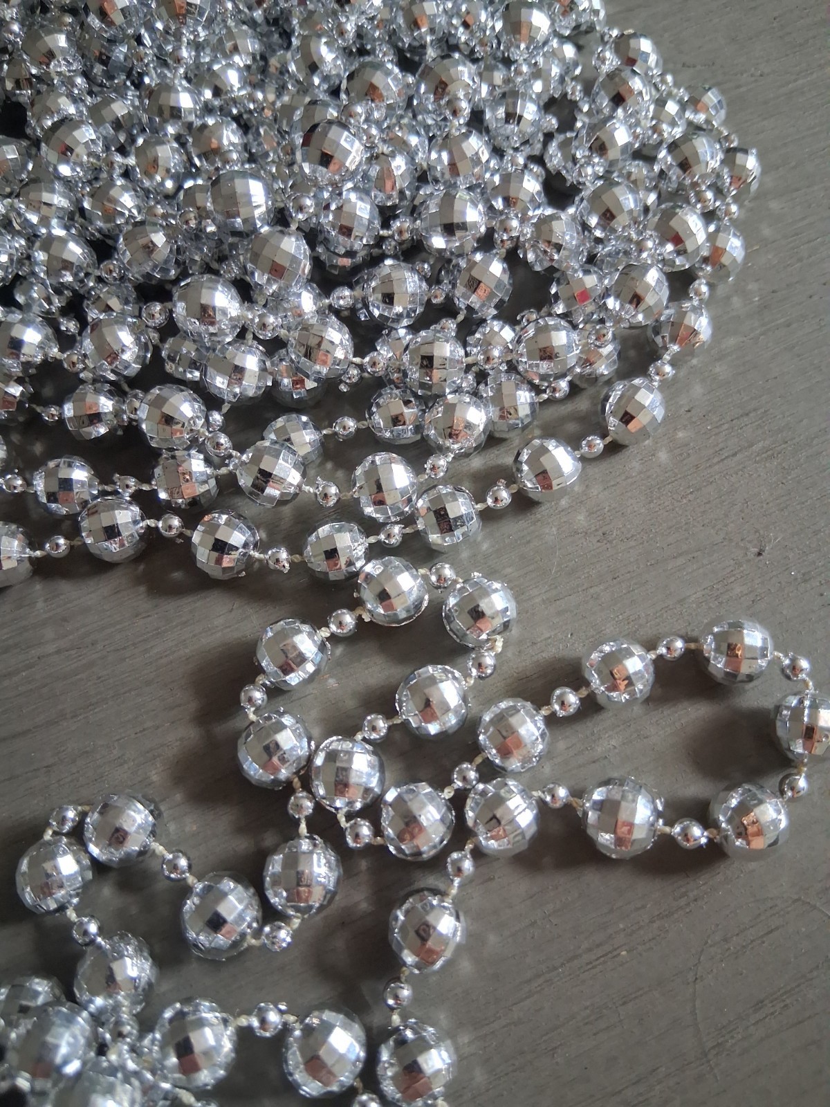 Vtg Silver Disco Ball Beaded Garland Lot Of 3 17ft Strands- 53ft Total Christmas