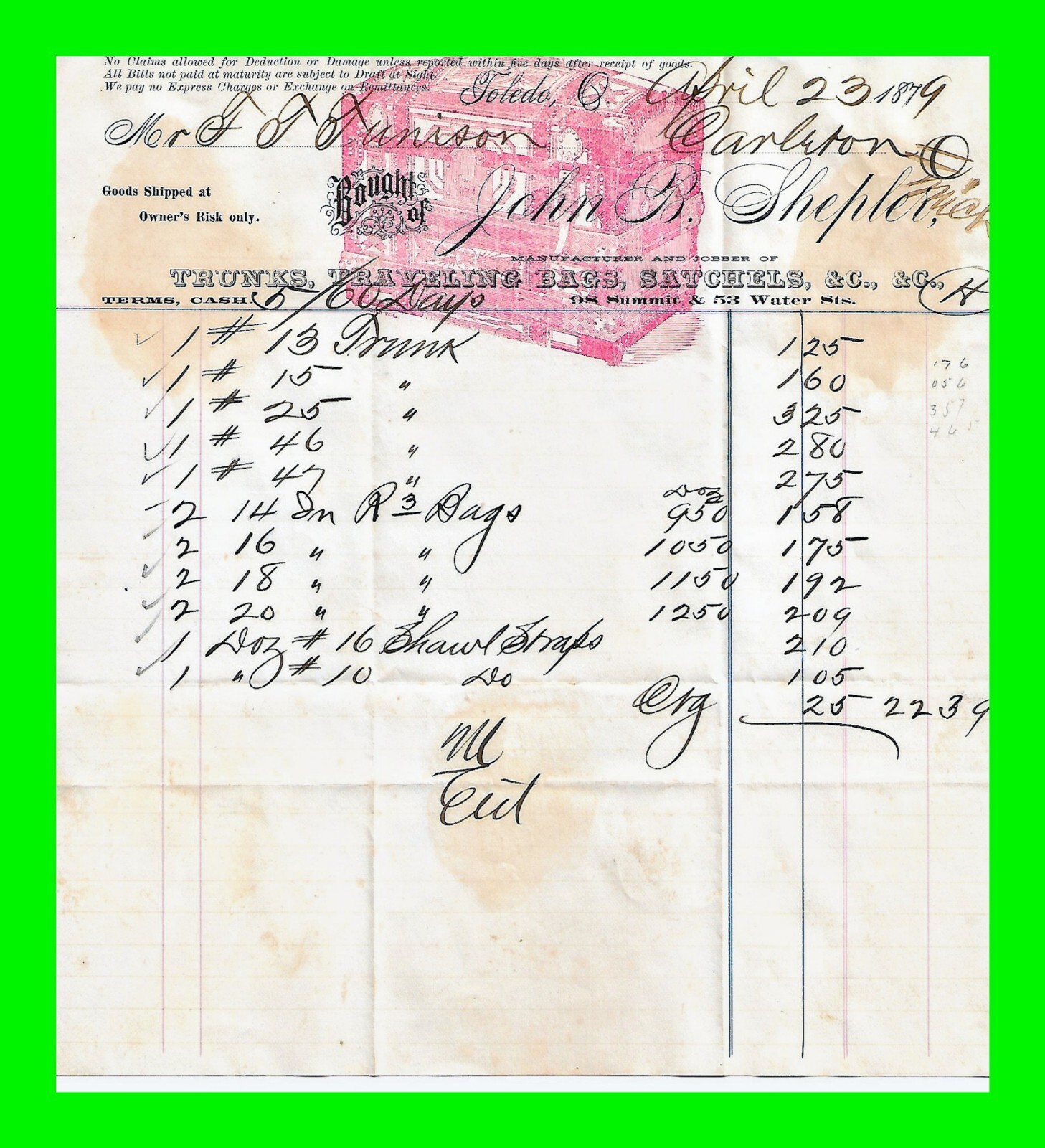 1879 Toledo OH John B. Shepler Trunks, Travel Bags - Rare Color Letter Head Bill