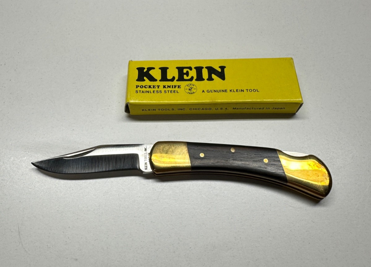 NOS Vintage Klein Tools 44035 Lockback Pocket Knife Wood Brass Japan Box