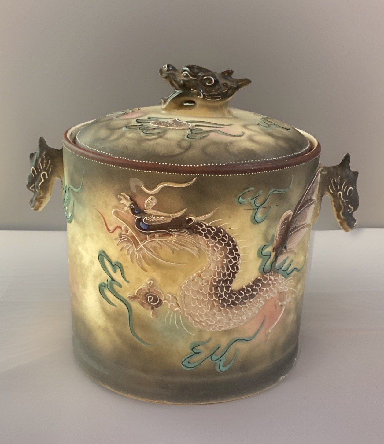 Antique Dragonware Moriage Ice Bucket Lid & Handles HandPainted Porcelain Japan 