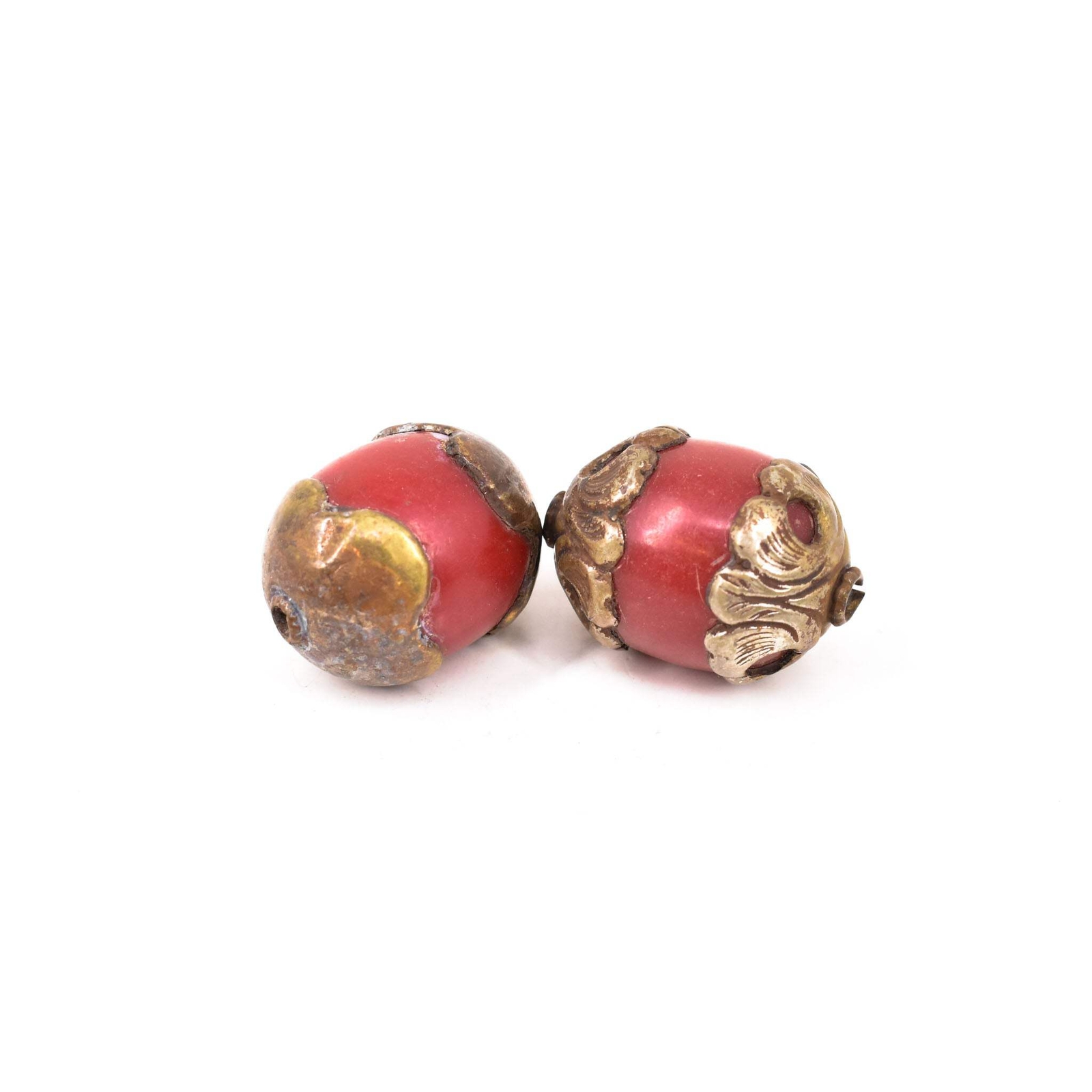 2 Red Tibetan Silver Beads Repoussé