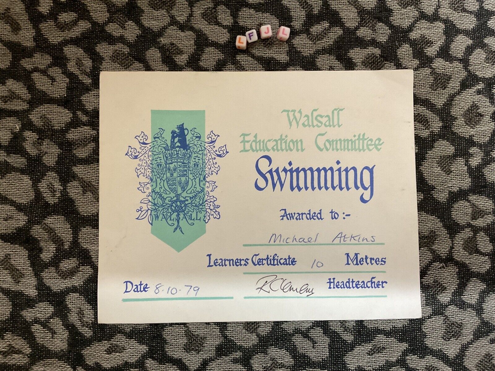 1979 Vintage Swimming Certificate , Walsall West Midlands