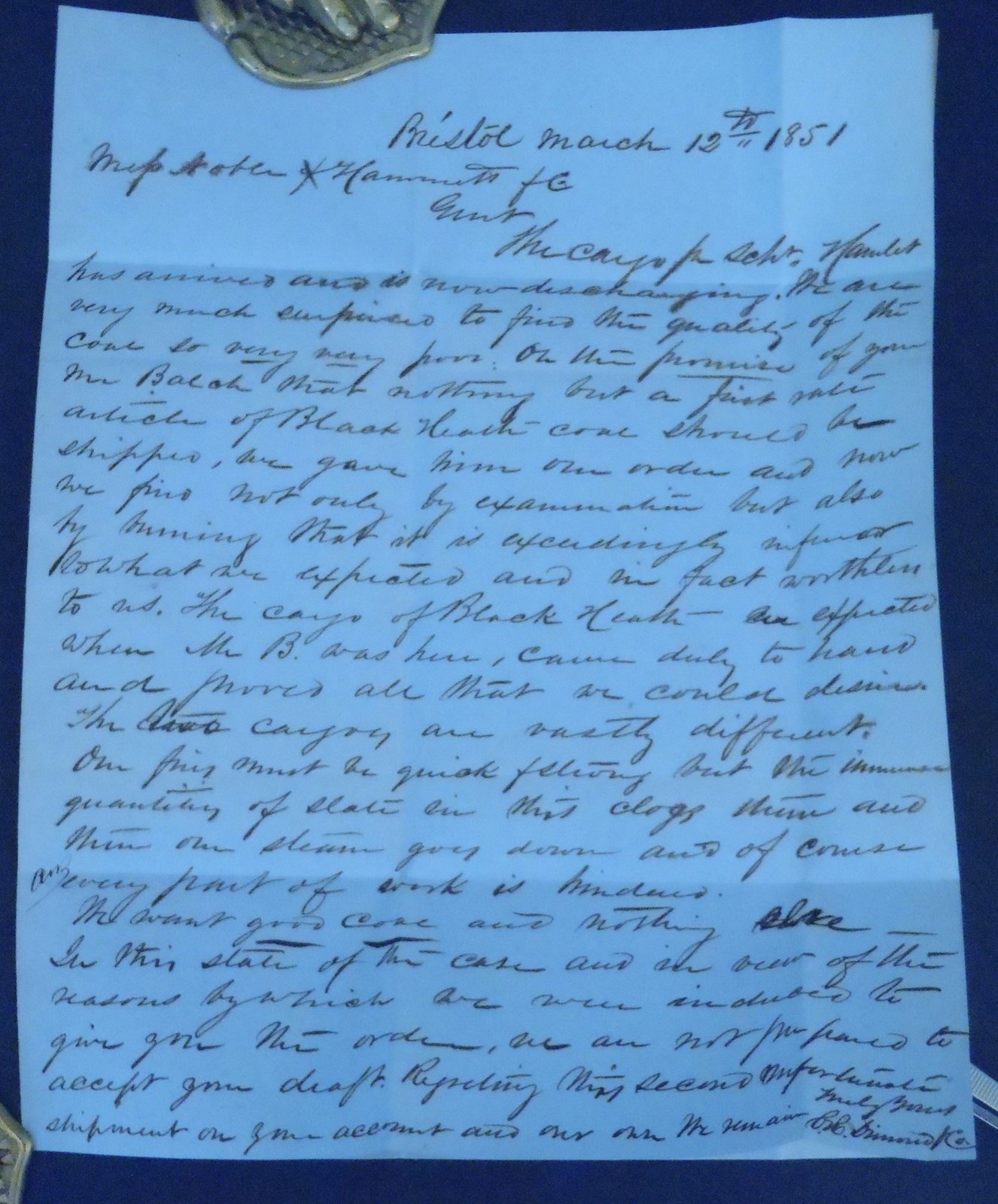 1851 Bristol, RI Letter - C H Dimond to Noble & Hammitt \