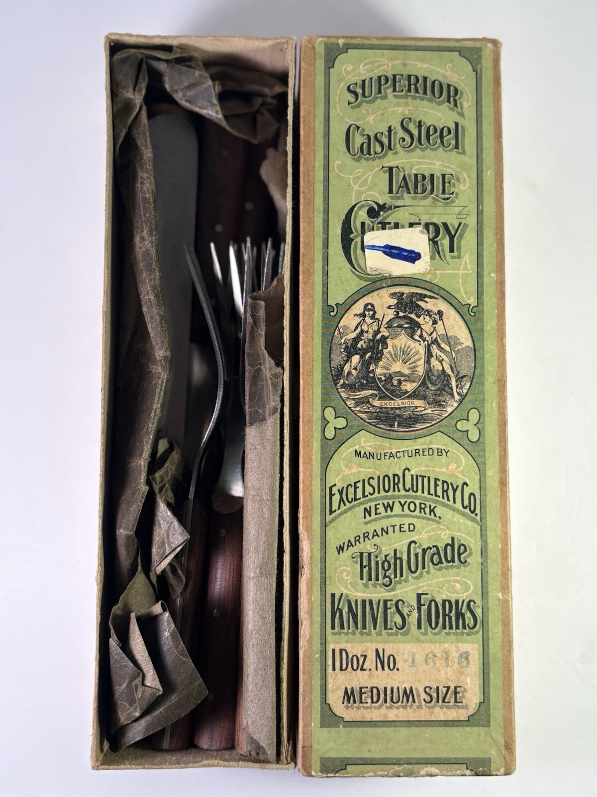 RARE 1890'S EXCELSIOR CUTLERY CO NEW YORK ORIG BOX + 6 KNIFES + 6 FORKS VTG WOW