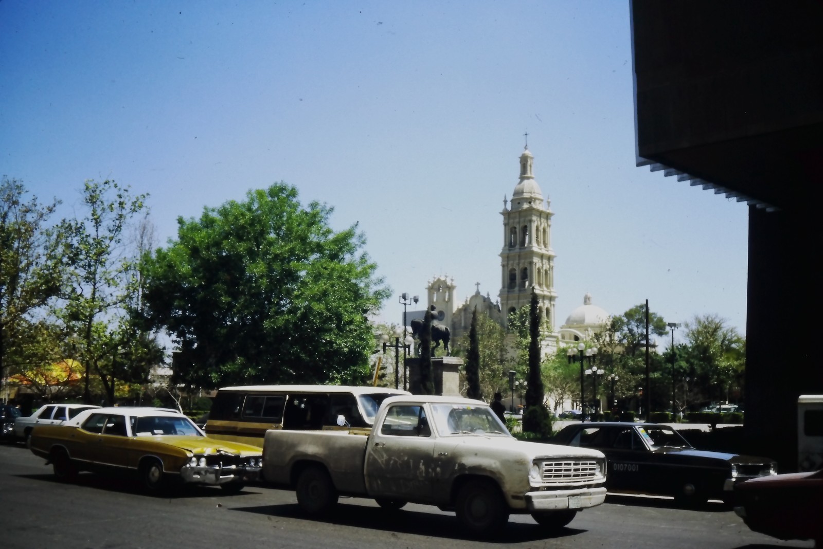 c1970's 35mm Slide Guadalajara Cathedral Ford Dodge Pickup American tower Statue