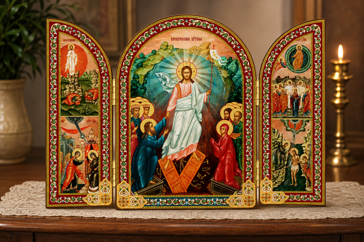 Resurrection of Christ Gold Foiled Icon Wooden Triptych Religious Decor
