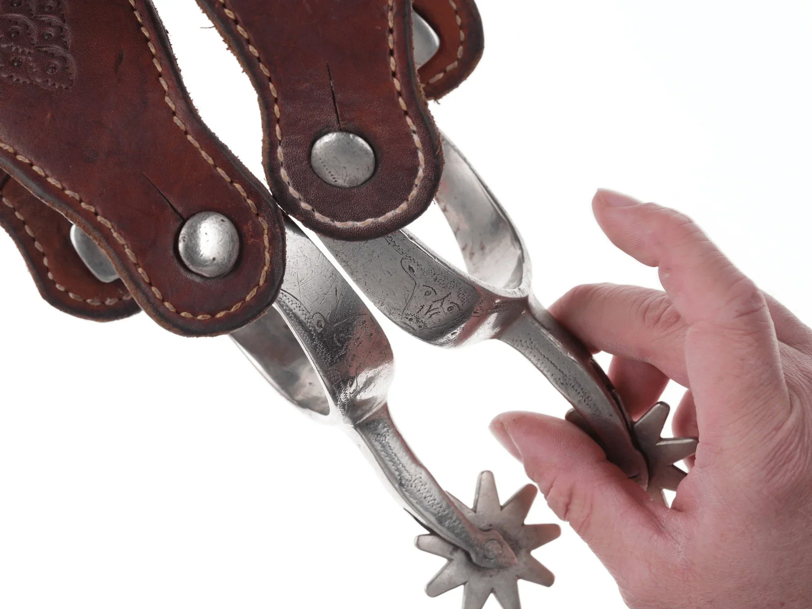 Antique August Buermann Engraved longhorn spurs Star steel silver
