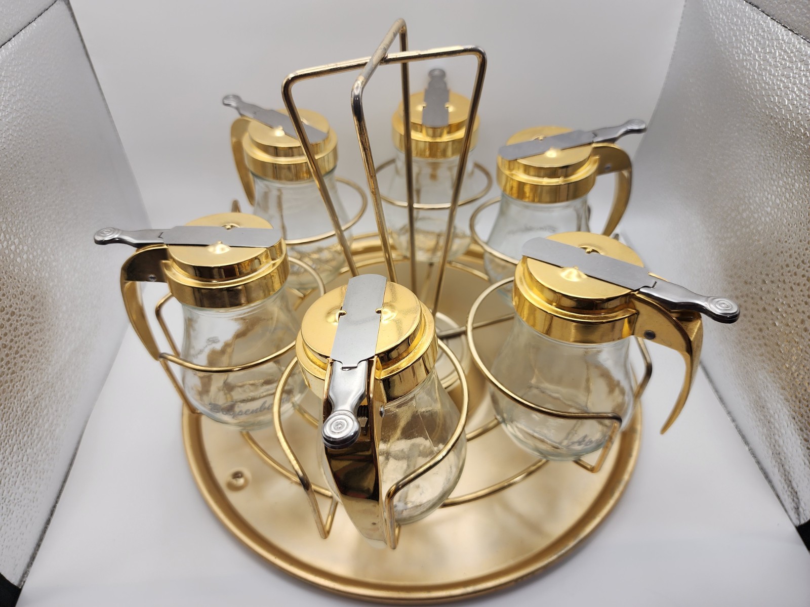 Vtg RARE MCM Retro Syrup Caddy Carousel Condiment Gold Breakfast Diner Dripcut Vtg RARE MCM Retro Syrup Caddy Carousel Condiment Gold Breakfast Diner Dripcut