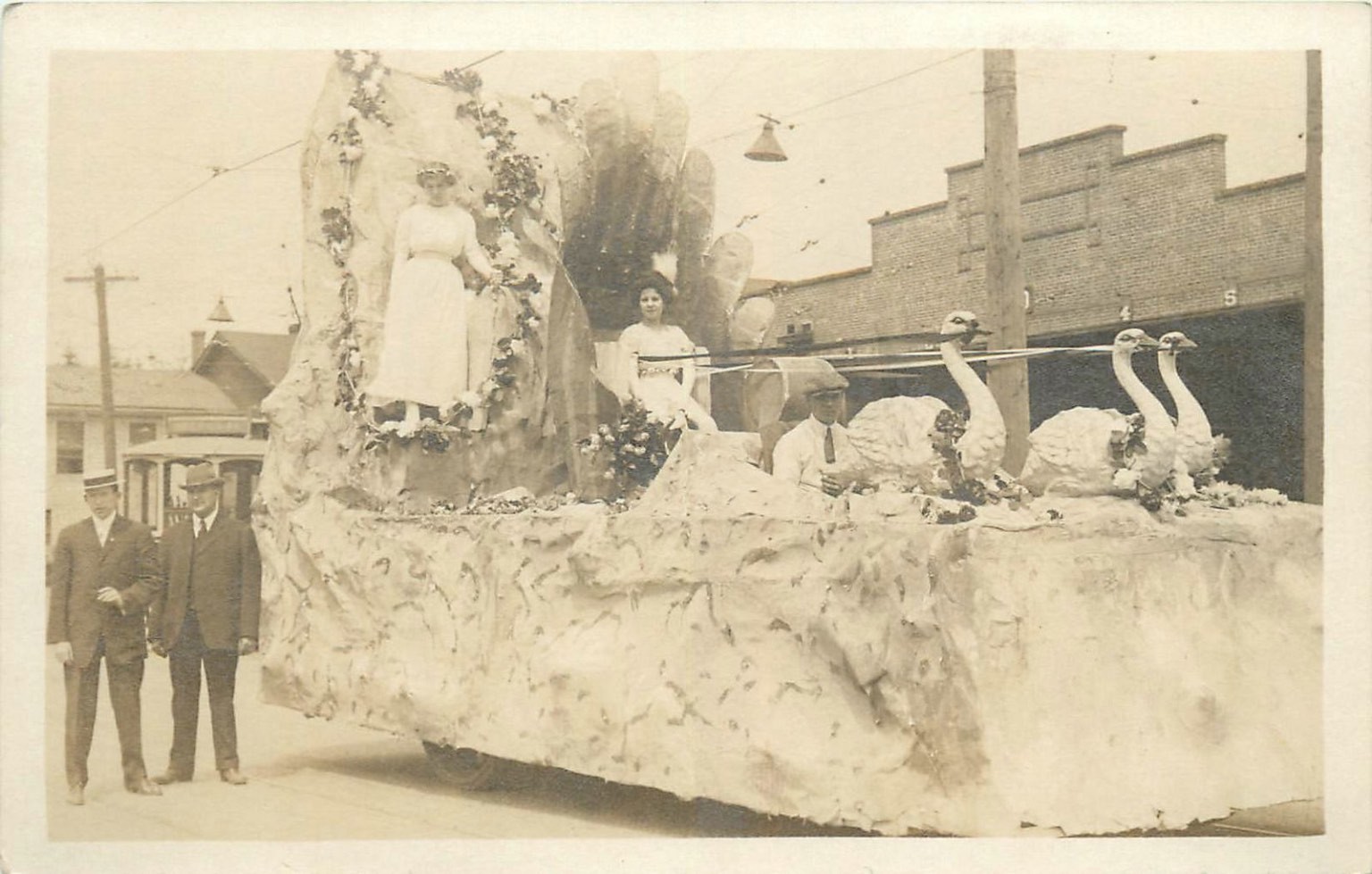 Vintage RPPC Portland Oregon Rose Festival Parade Float Swan Women Men 1910s