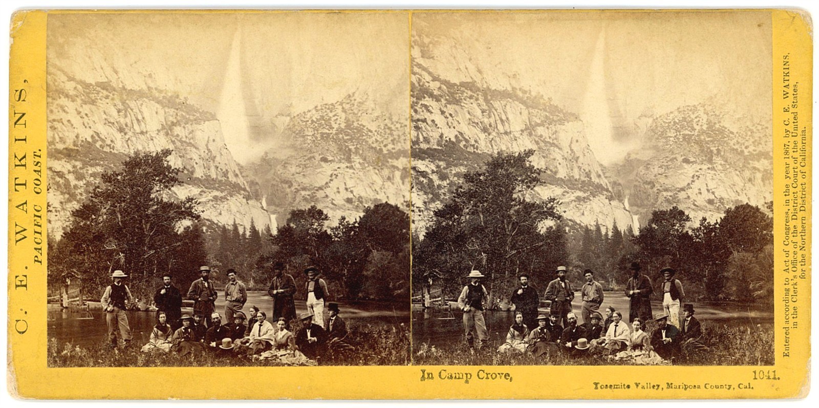YOSEMITE STEREOVIEW - Tourists in Camp Grove - C.E. Watkins 1860s