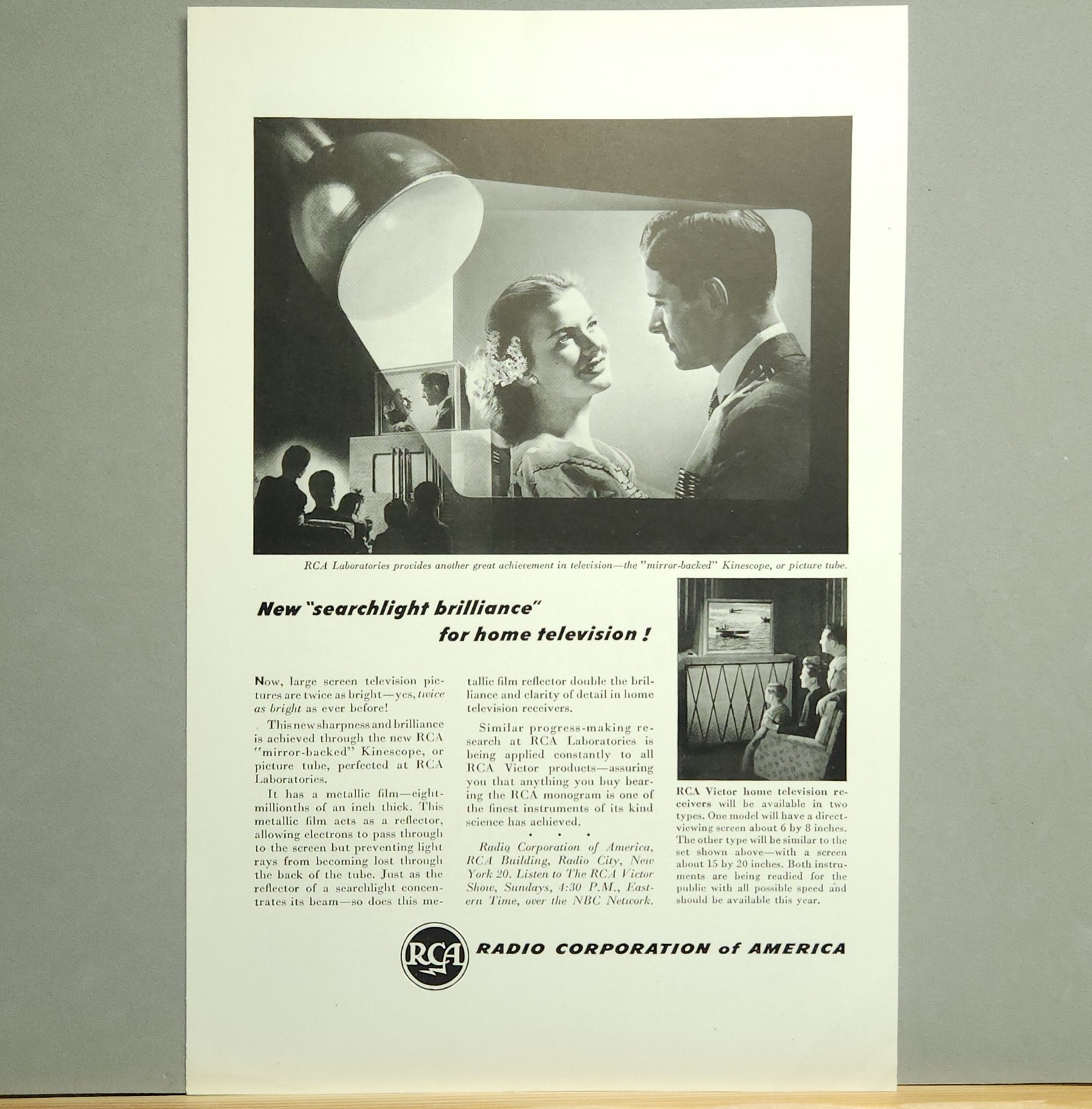 1946 RCA Radio Corporation of America Print Ad Searchlight Brilliance Home TV