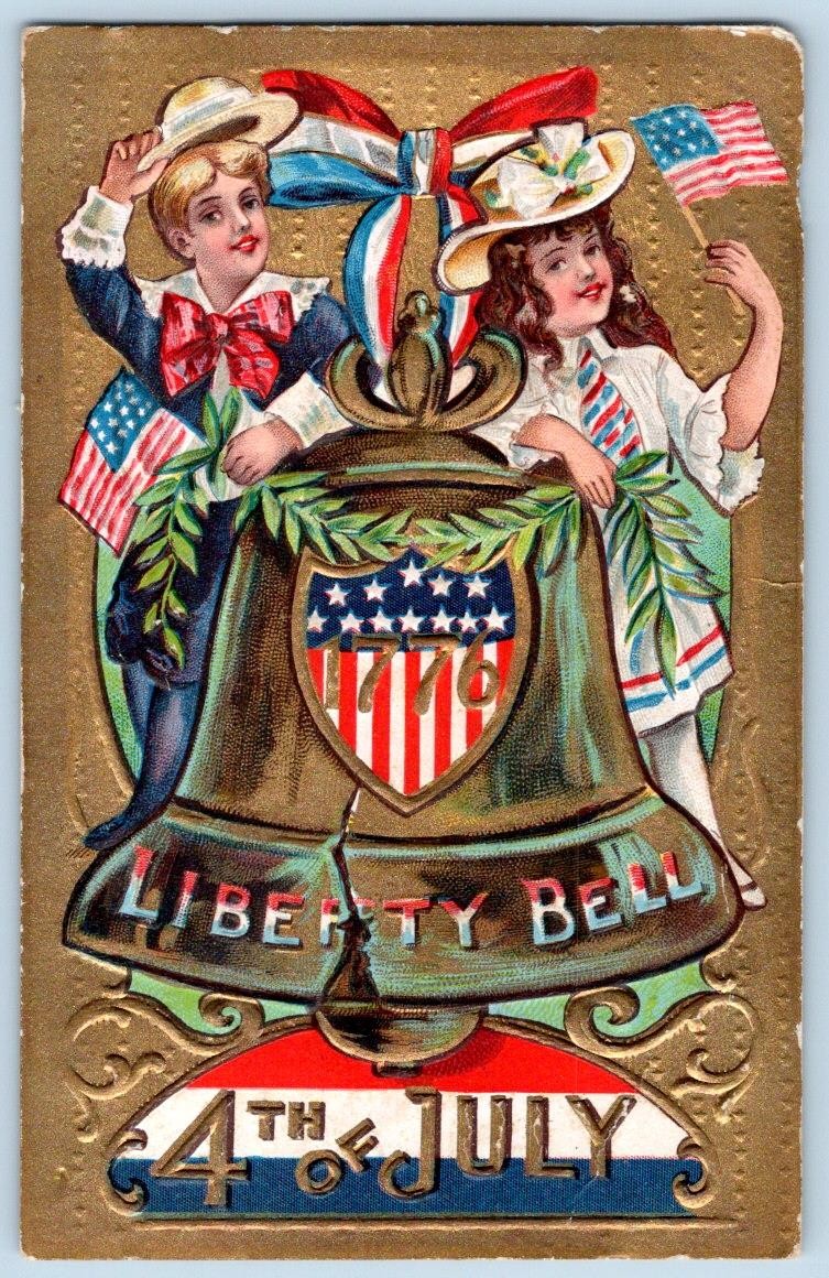 1909 4th of JULY 1776 LIBERTY BELL CHILDREN AMERICAN FLAGS PATRIOTIC POSTCARD