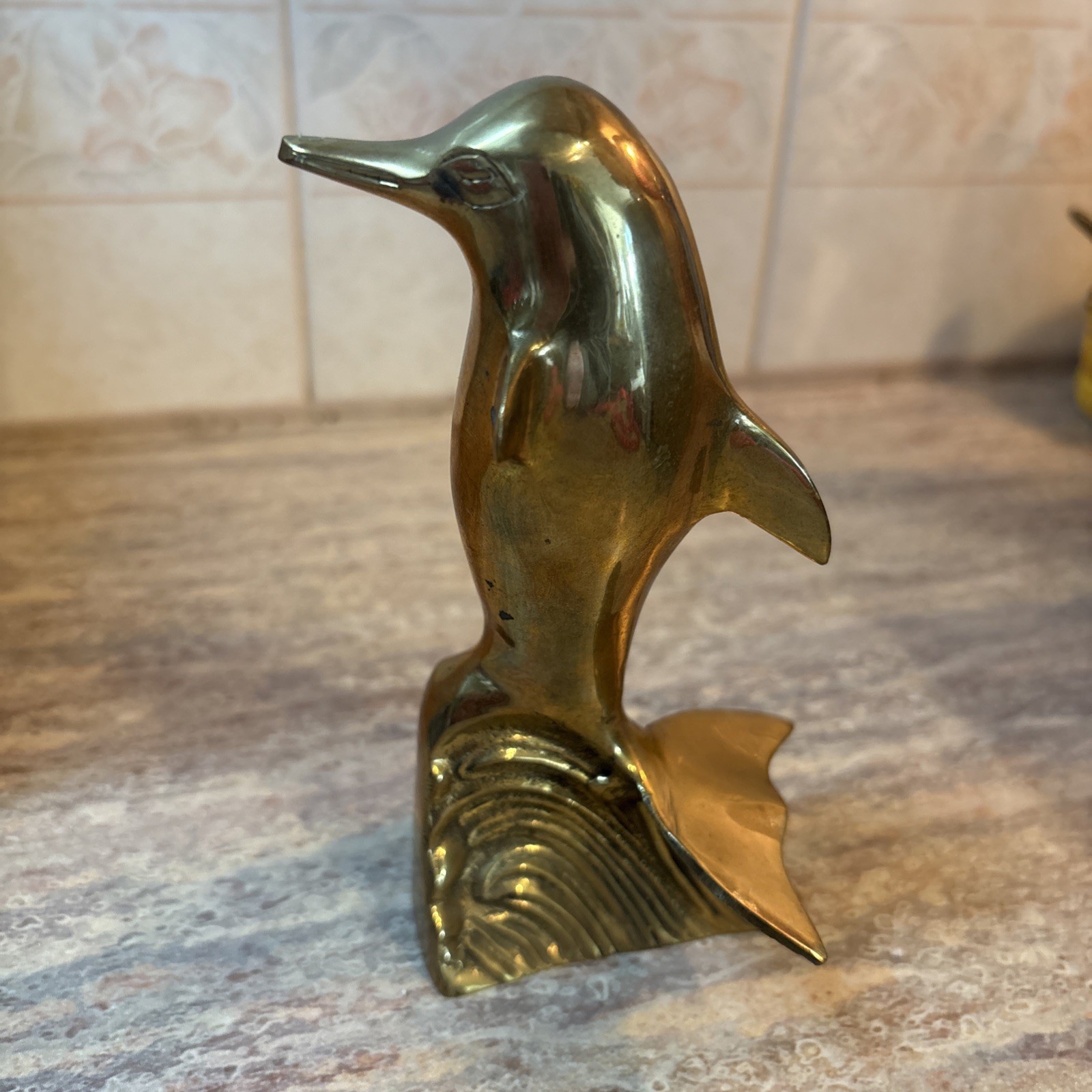 VTG Dolphin Brass figure  Standing Riding Wave Surfing 5.5 inches tall dolphin