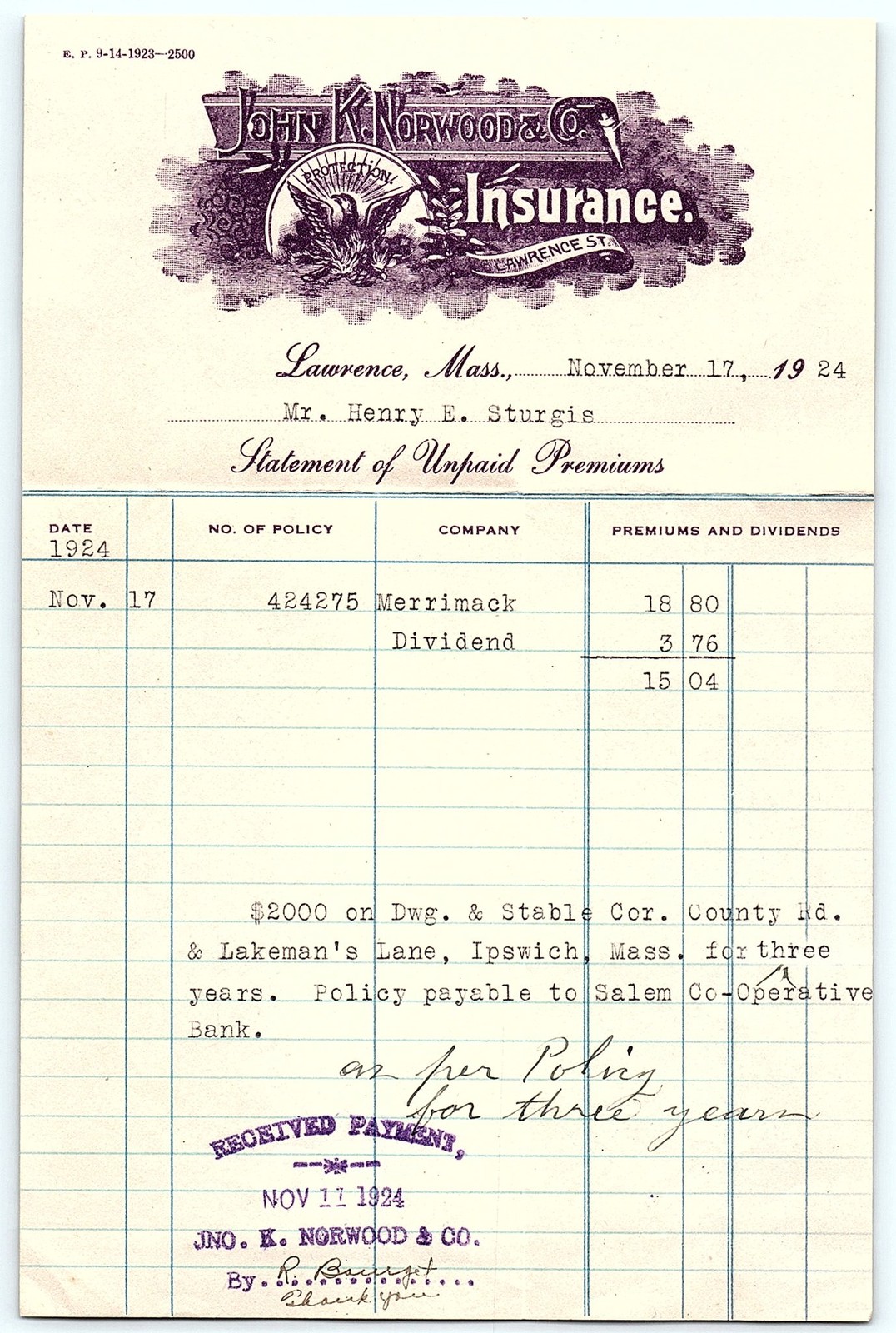 Vintage 1924 Insurance Premium Statement Lawrence, MA