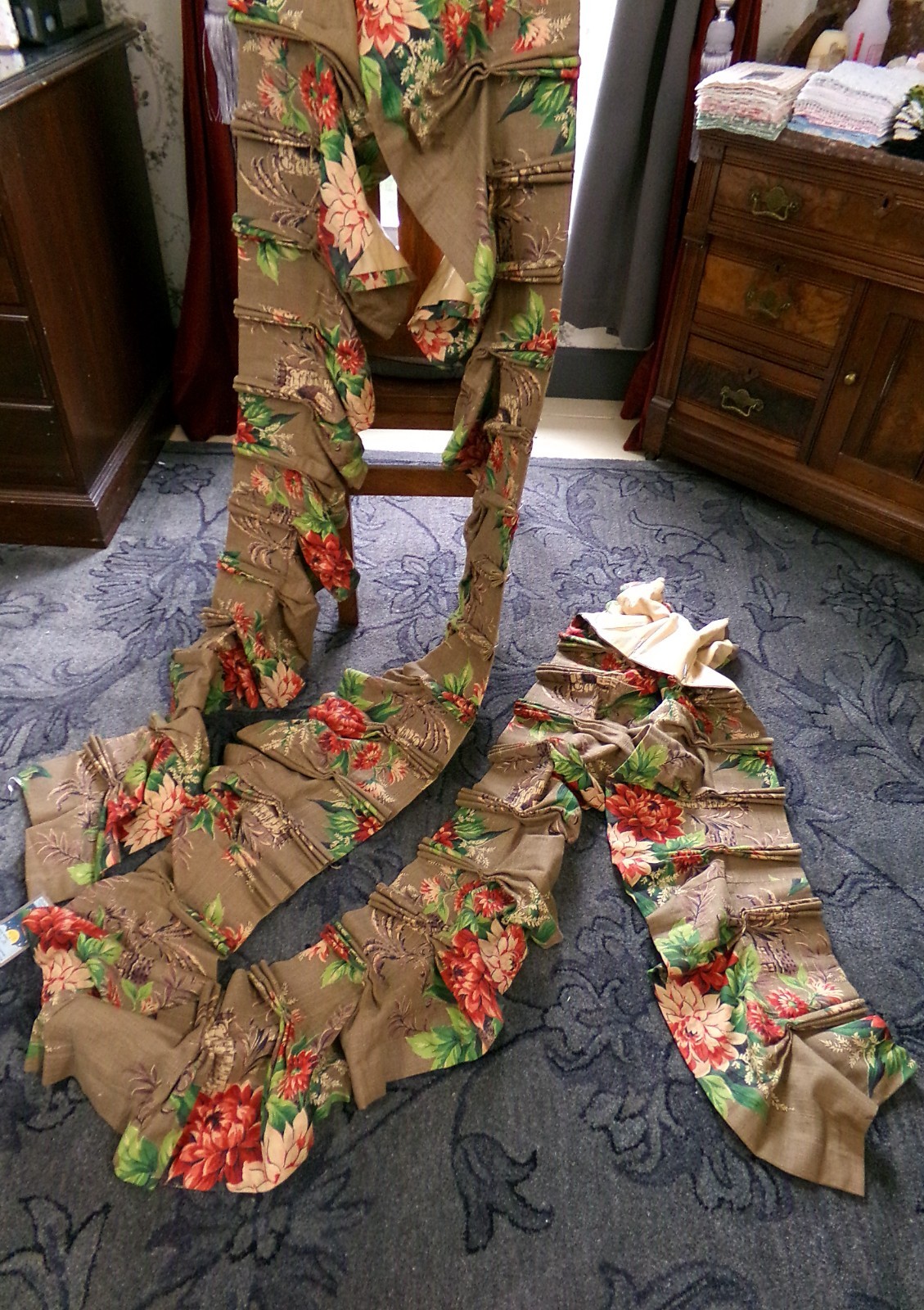 Huge Vintage 1940's Barkcloth Curtain Valance Pinch Pleat Floral 218