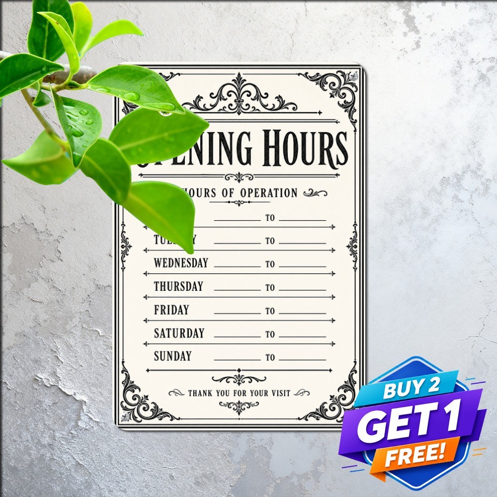 Storefront Business Operating Hours Schedule Plaque Metal Tin Sign 8x12