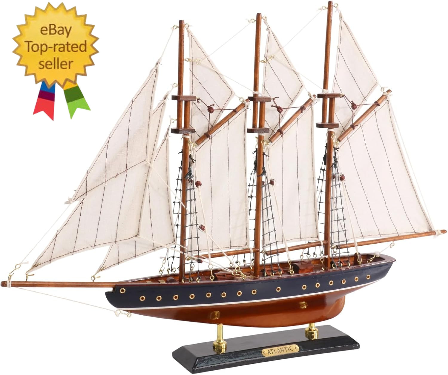 19-Inch Atlantic Sailboat Deco, Wooden Schooner Model Ship, Yacht Replica, Nauti