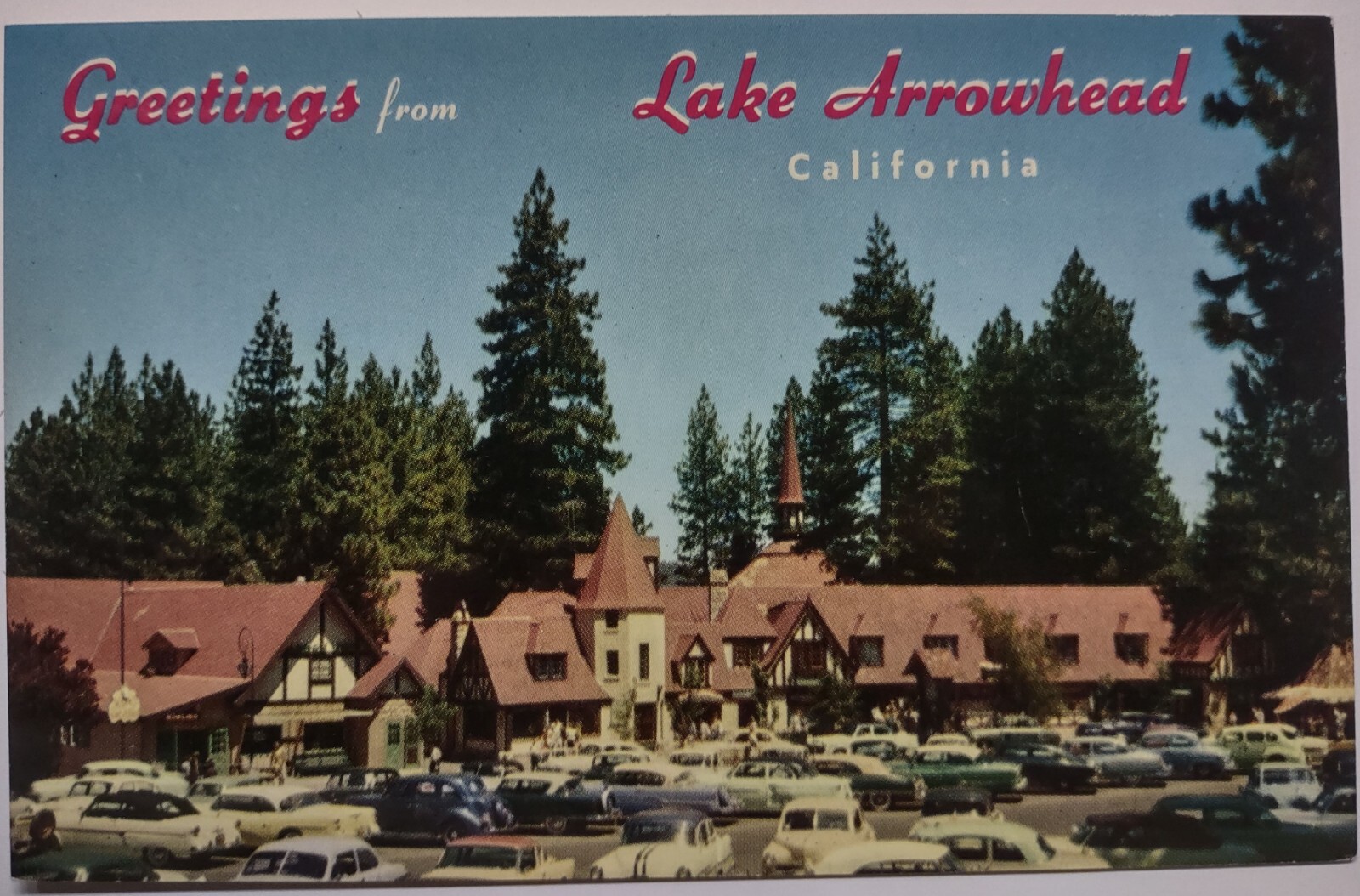 Vintage Greetings from Lake Arrowhead California Chrome Postcard Cars
