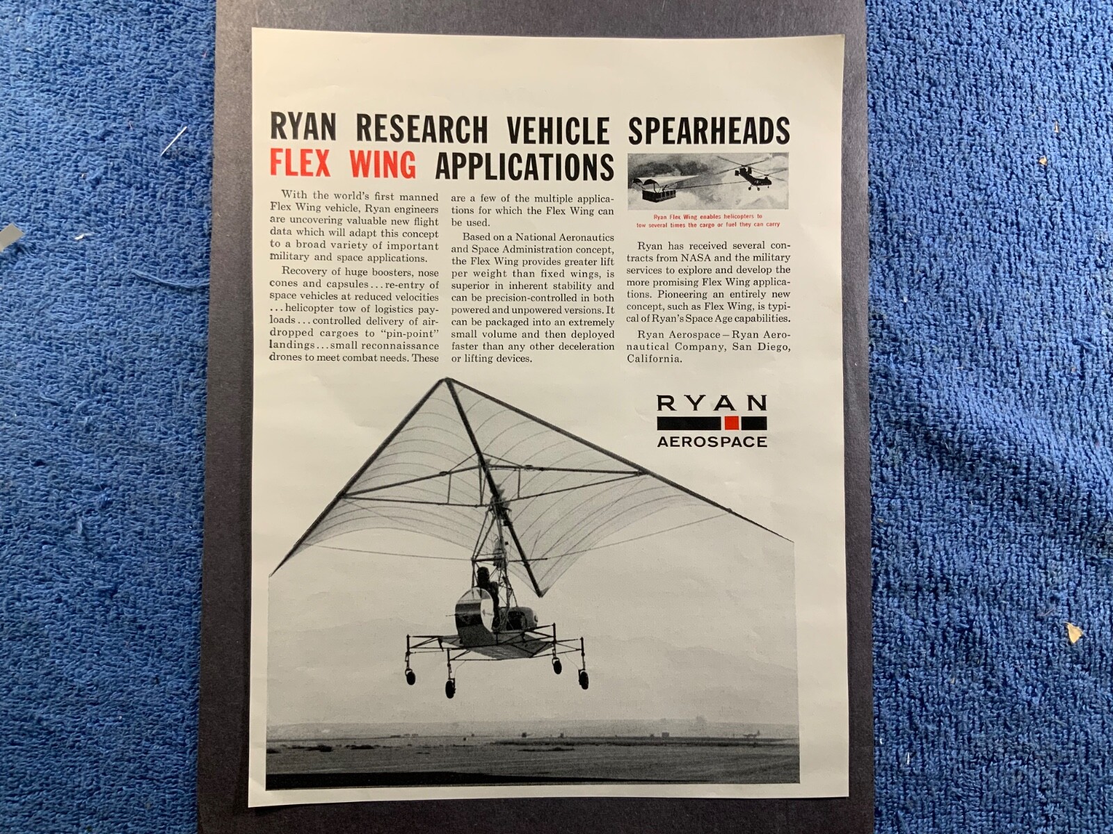 1961 Ryan Aerospace San Diego CA NASA Flex Wing Vehicle Helicopter Plane Ad